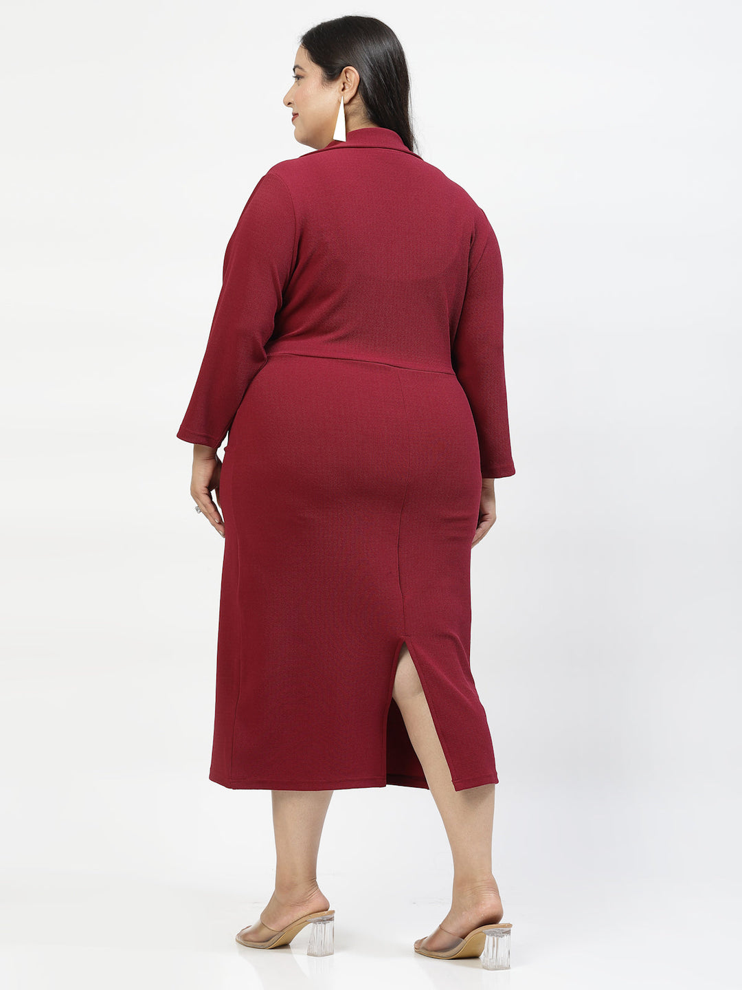 Burgundy Long Sleeves Midi Dress