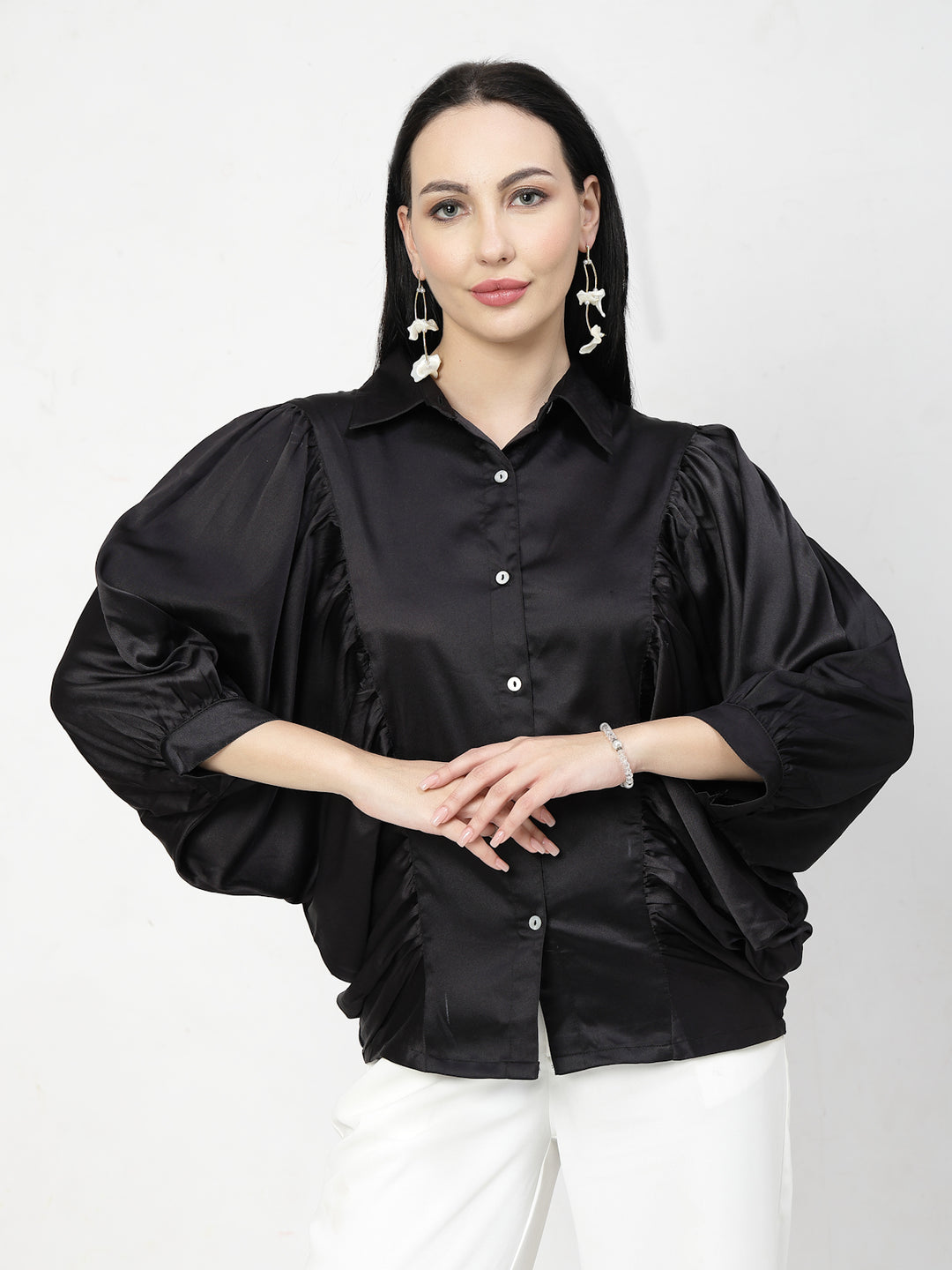 Black Spread Collar Opaque Casual Shirt