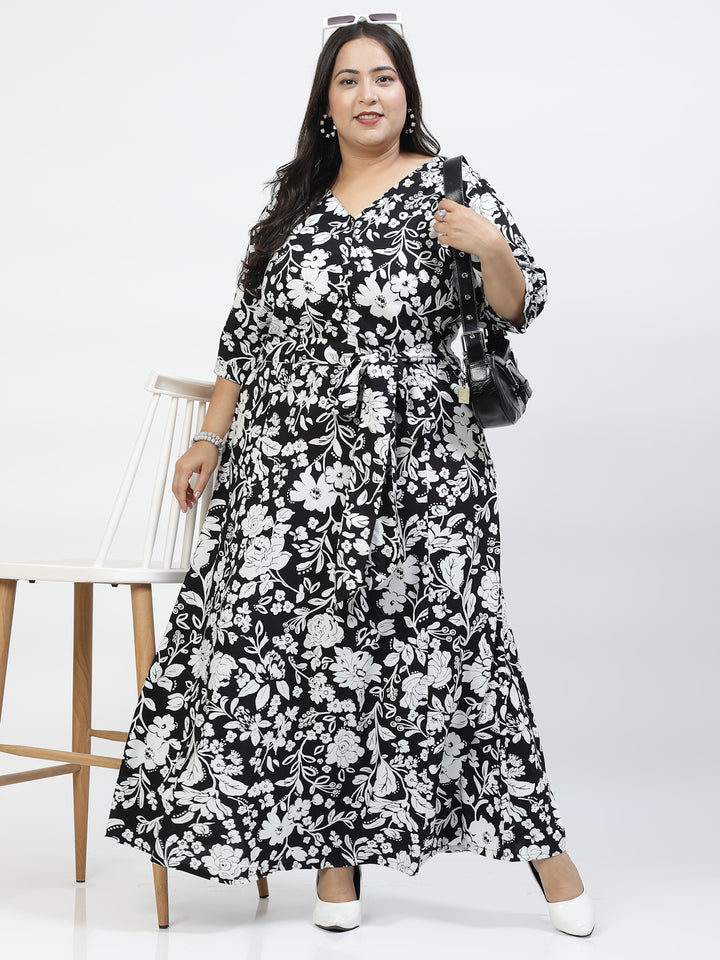 Plus Size Floral Printed V-Neck Cuffed Sleeve Fit & Flare Pleated Cotton Maxi Dress