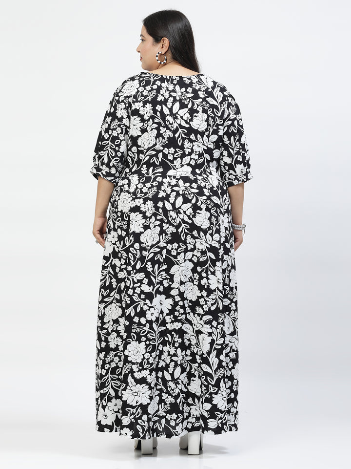 Plus Size Floral Printed V-Neck Cuffed Sleeve Fit & Flare Pleated Cotton Maxi Dress