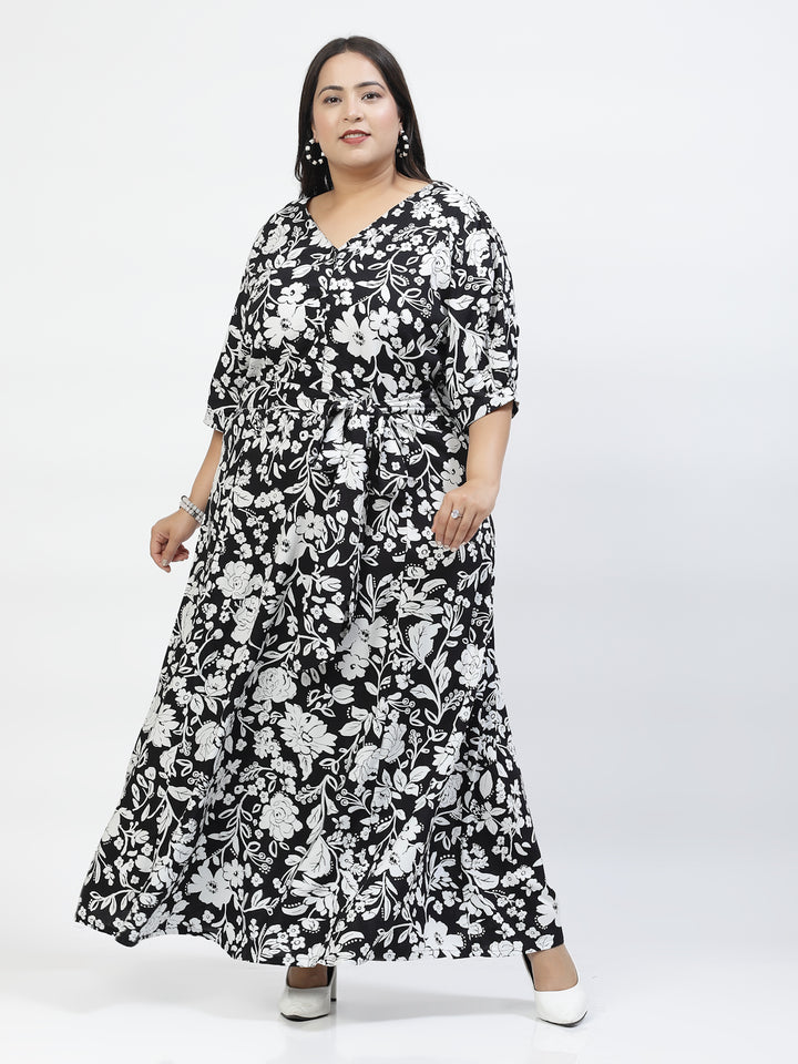 Plus Size Floral Printed V-Neck Cuffed Sleeve Fit & Flare Pleated Cotton Maxi Dress