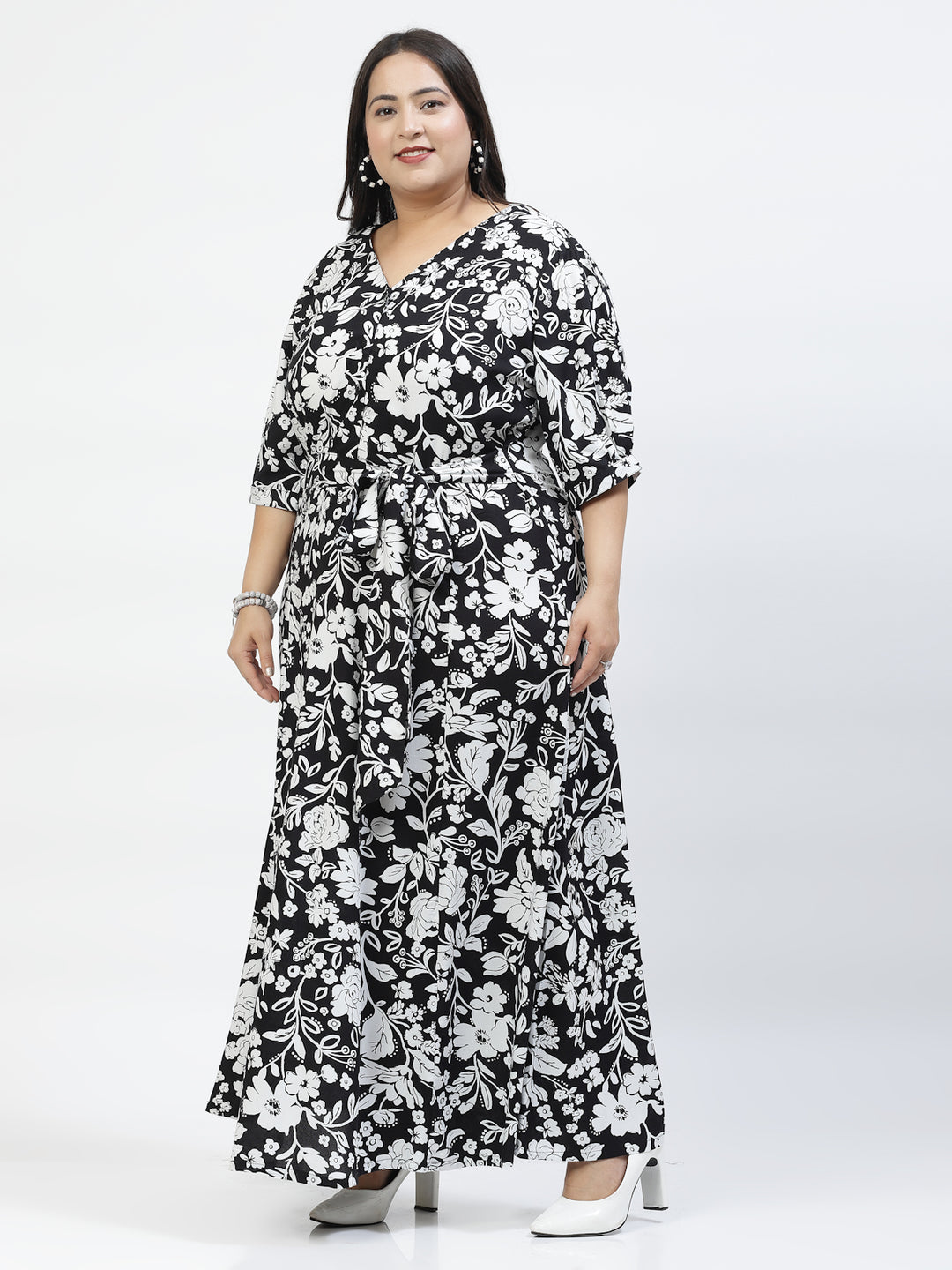 Plus Size Floral Printed V-Neck Cuffed Sleeve Fit & Flare Pleated Cotton Maxi Dress