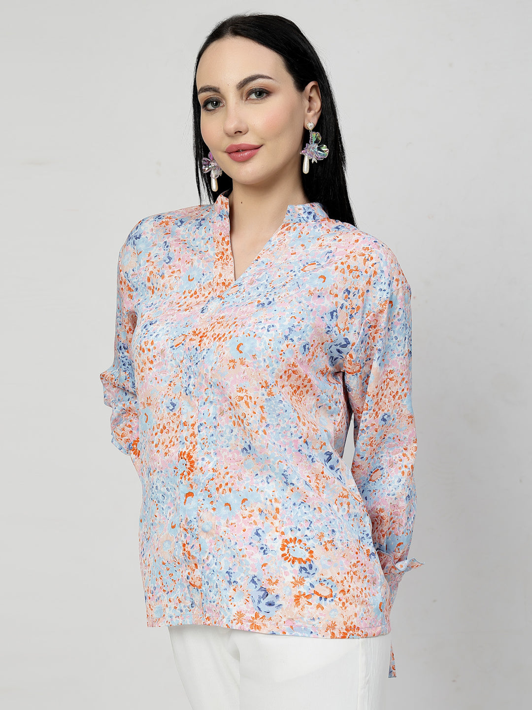 Floral Print Mandarin Collar Top