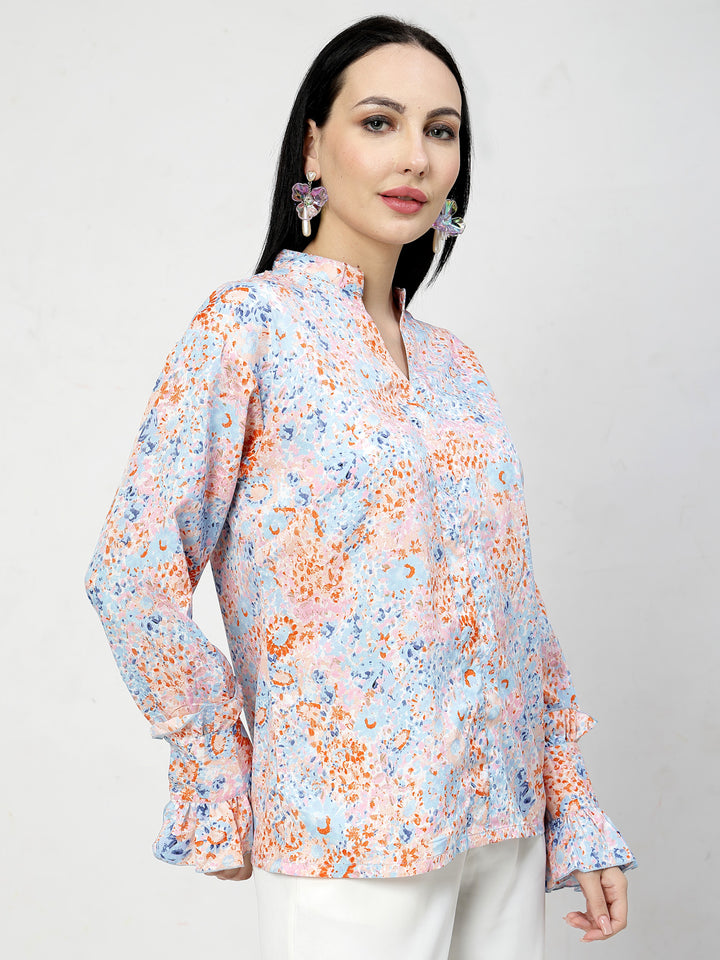 Floral Print Mandarin Collar Top