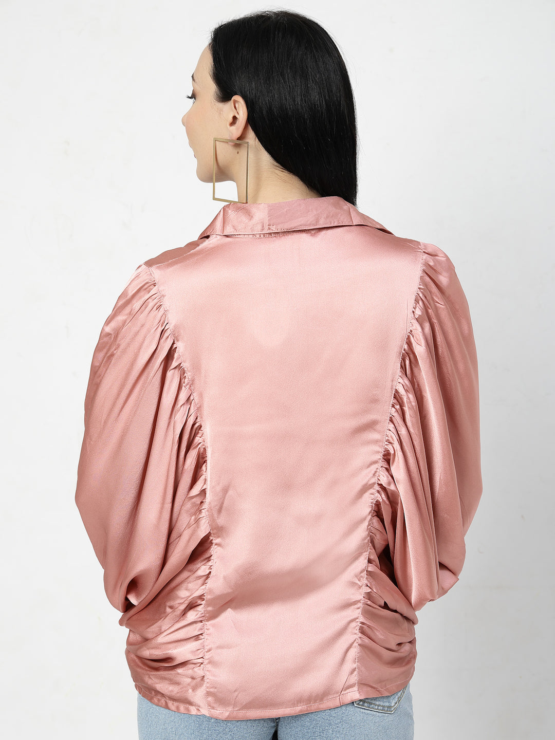 Pink Spread Collar Kimono Sleeves Opaque Casual Shirt