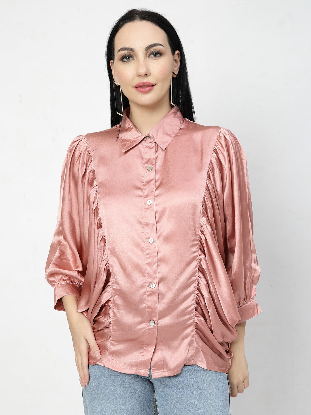 Pink Spread Collar Kimono Sleeves Opaque Casual Shirt