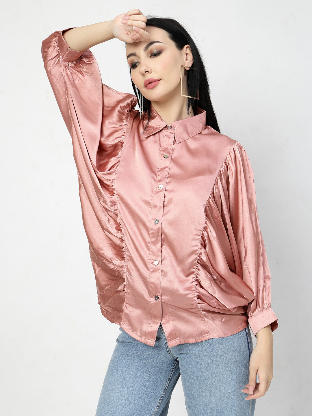 Pink Spread Collar Kimono Sleeves Opaque Casual Shirt