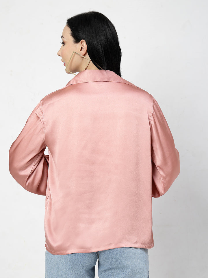 Pink Spread Collar Long Sleeves Opaque Casual Shirt