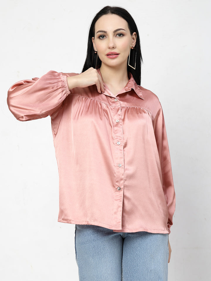 Pink Spread Collar Long Sleeves Opaque Casual Shirt