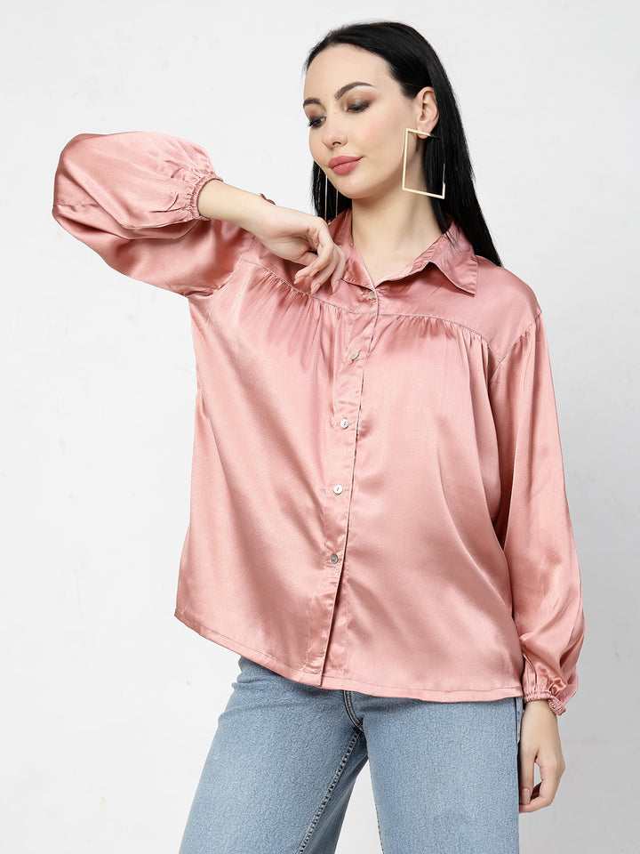 Pink Spread Collar Long Sleeves Opaque Casual Shirt