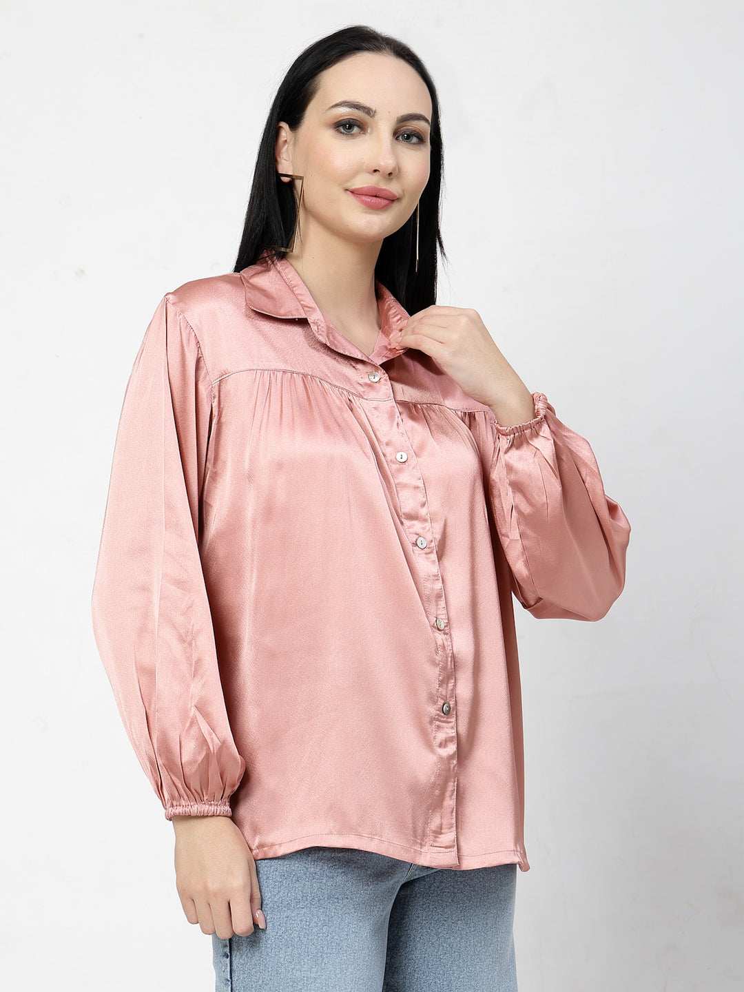 Pink Spread Collar Long Sleeves Opaque Casual Shirt