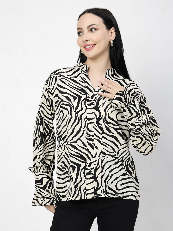 Animal Print Mandarin Collar Shirt Style Top