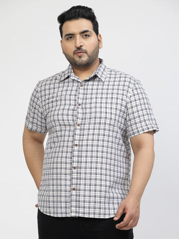 White Tartan Checked Spread Collar Cotton Casual Shirt