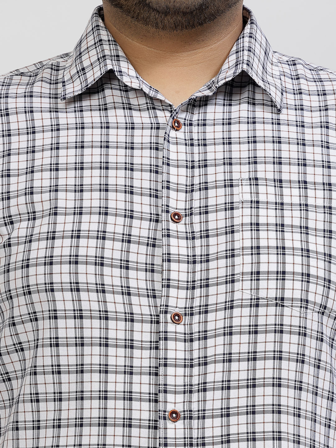 White Tartan Checked Spread Collar Cotton Casual Shirt