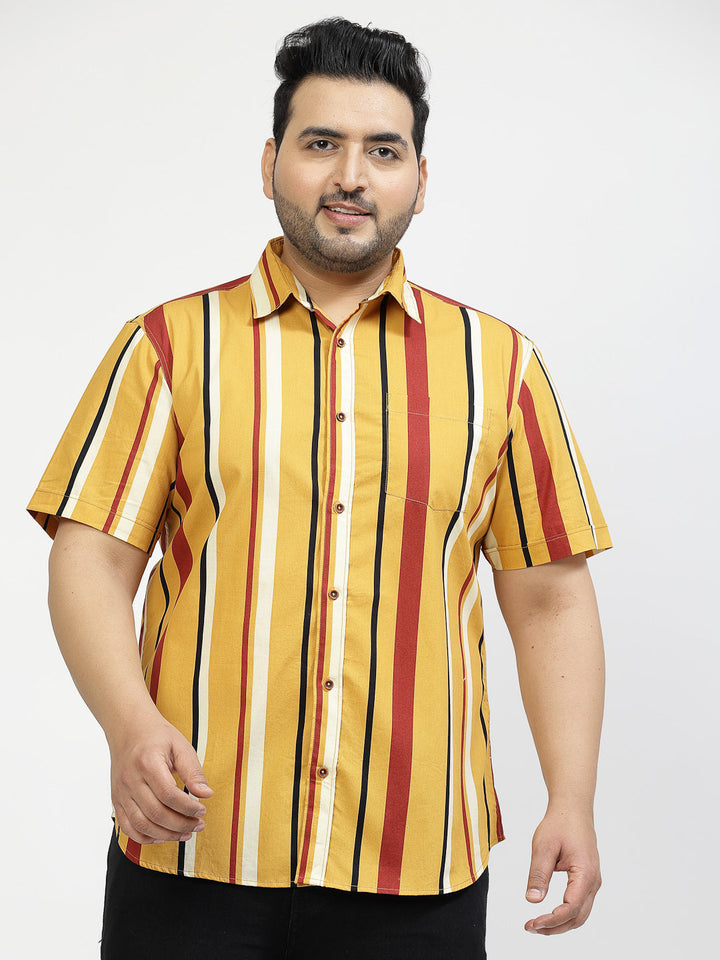 Vertical Striped Spread Collar Cotton Opaque Casual Plus Size Shirt