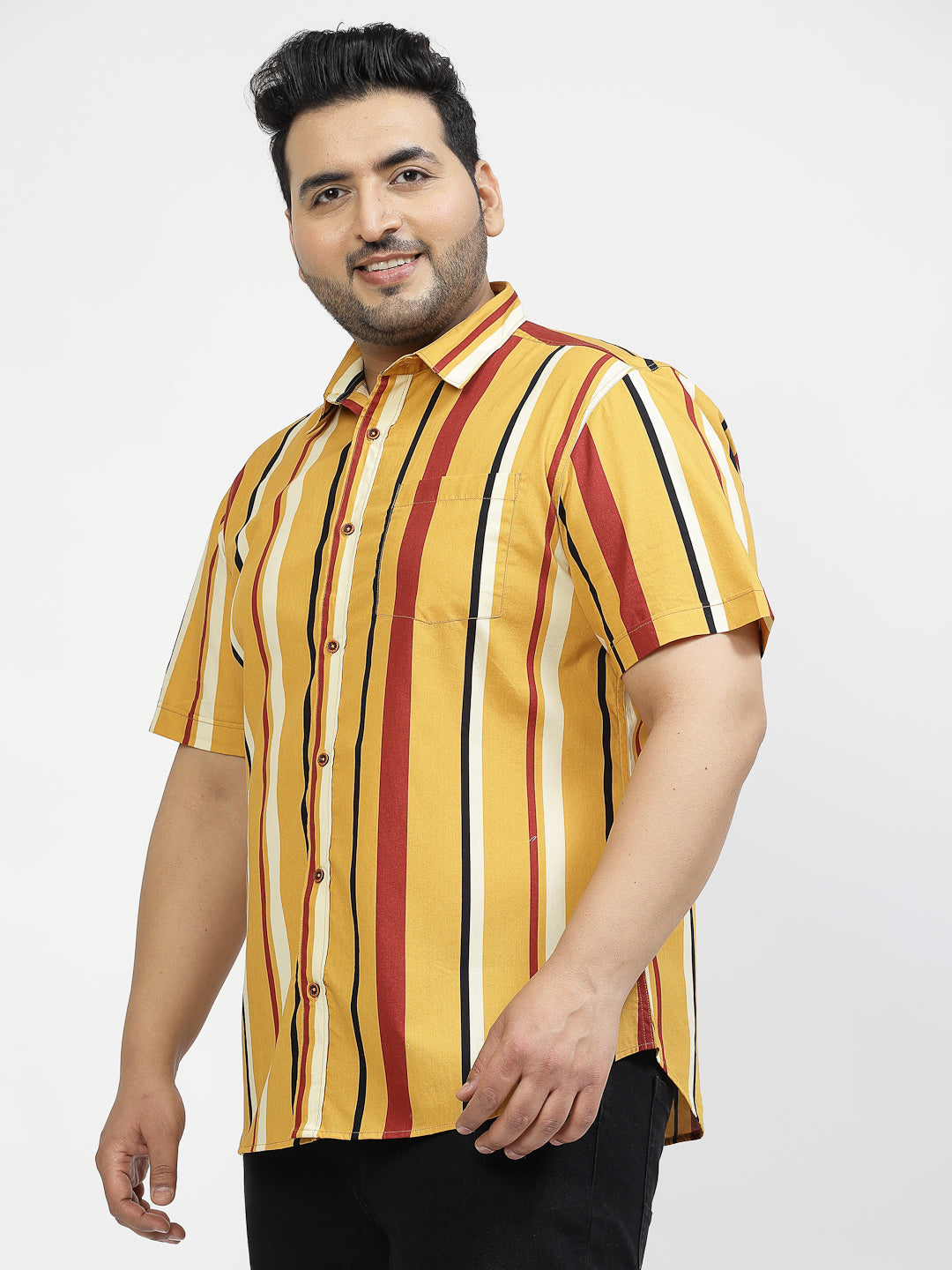 Vertical Striped Spread Collar Cotton Opaque Casual Plus Size Shirt