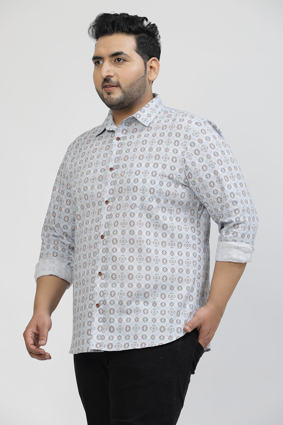 Floral Printed Spread Collar Cotton Opaque Casual Plus Size Shirt