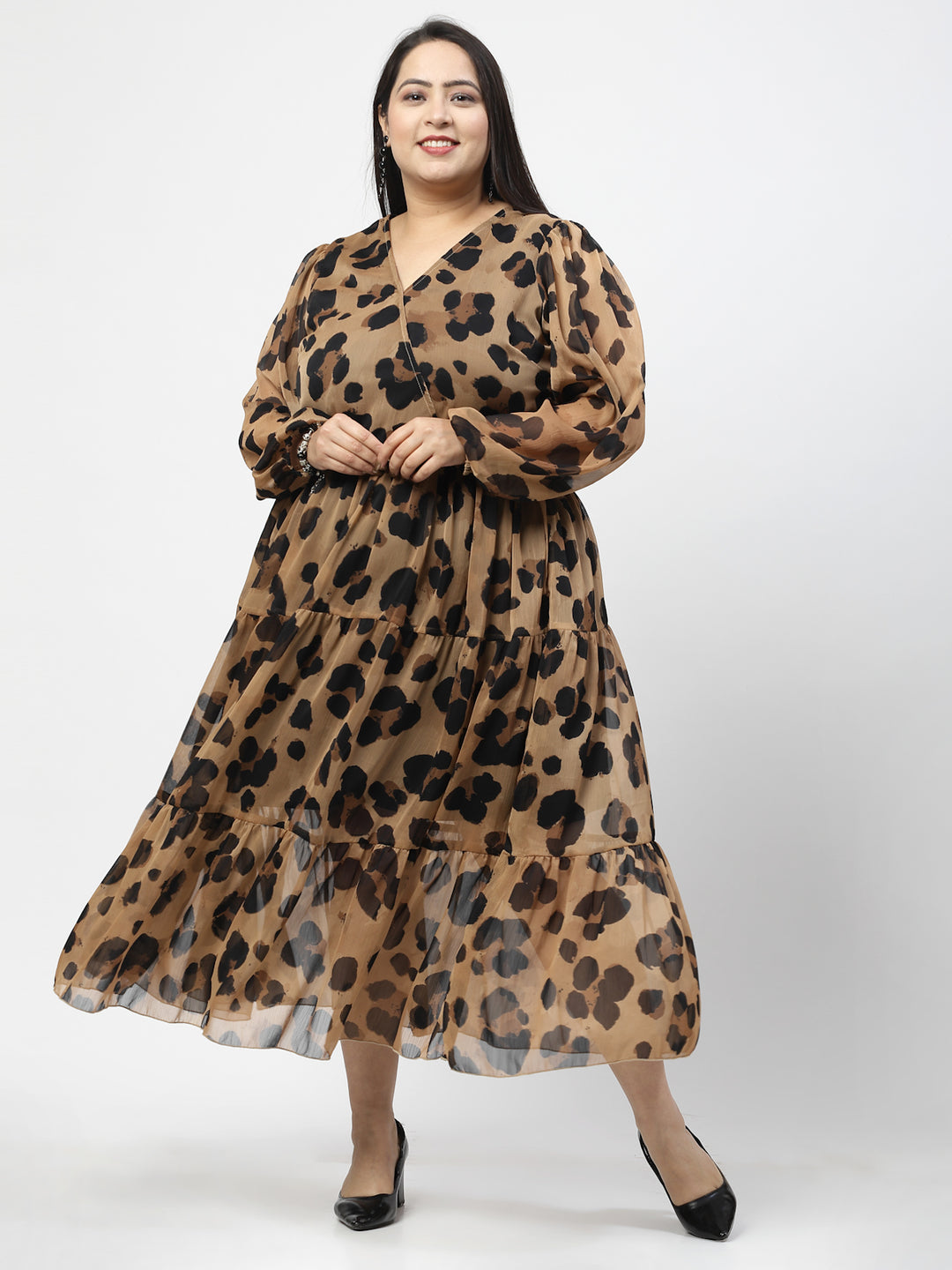 Animal Print Puff Sleeve Fit & Flare Midi Dress