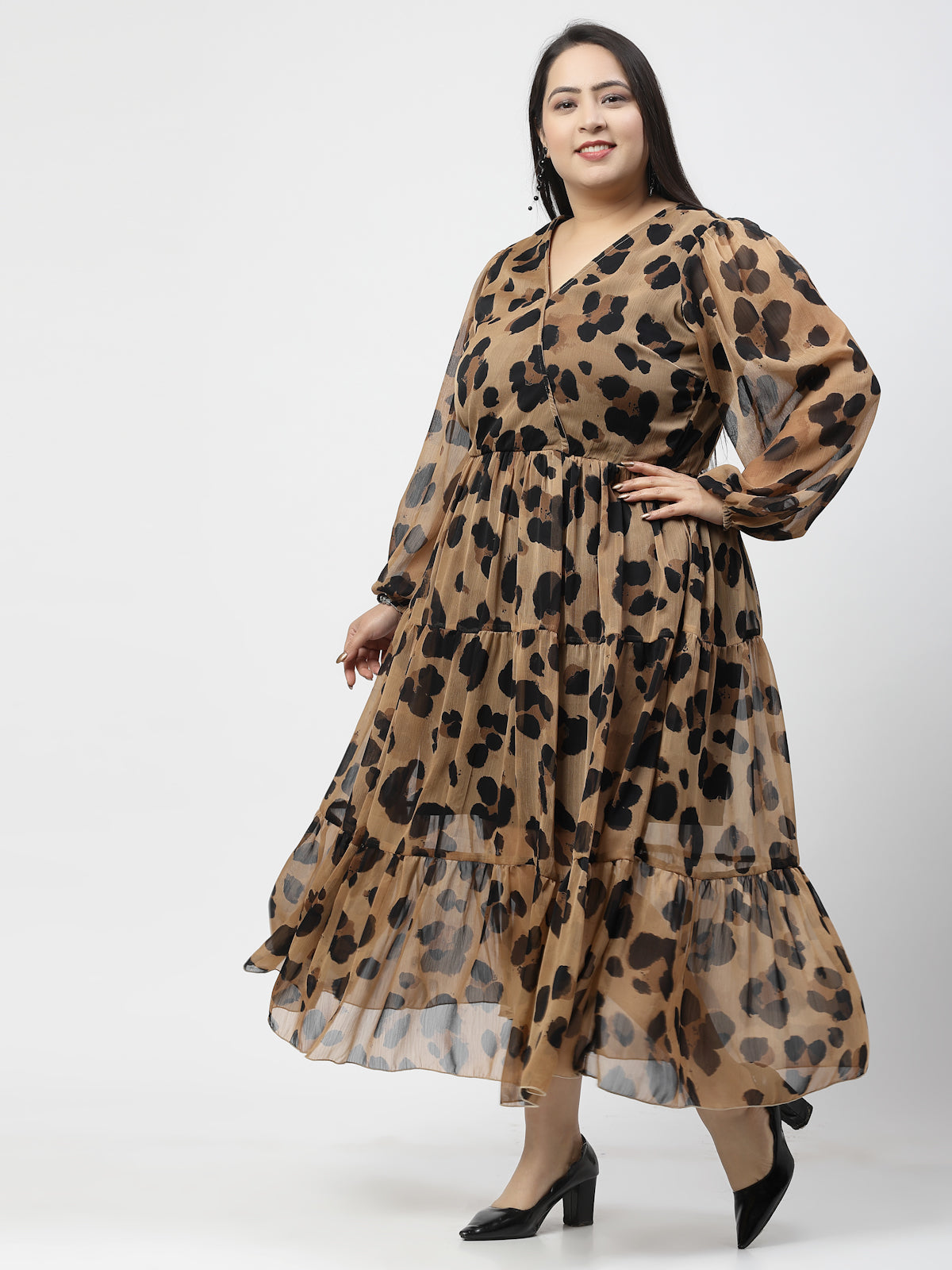 Animal Print Puff Sleeve Fit & Flare Midi Dress