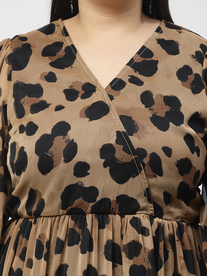 Animal Print Puff Sleeve Fit & Flare Midi Dress