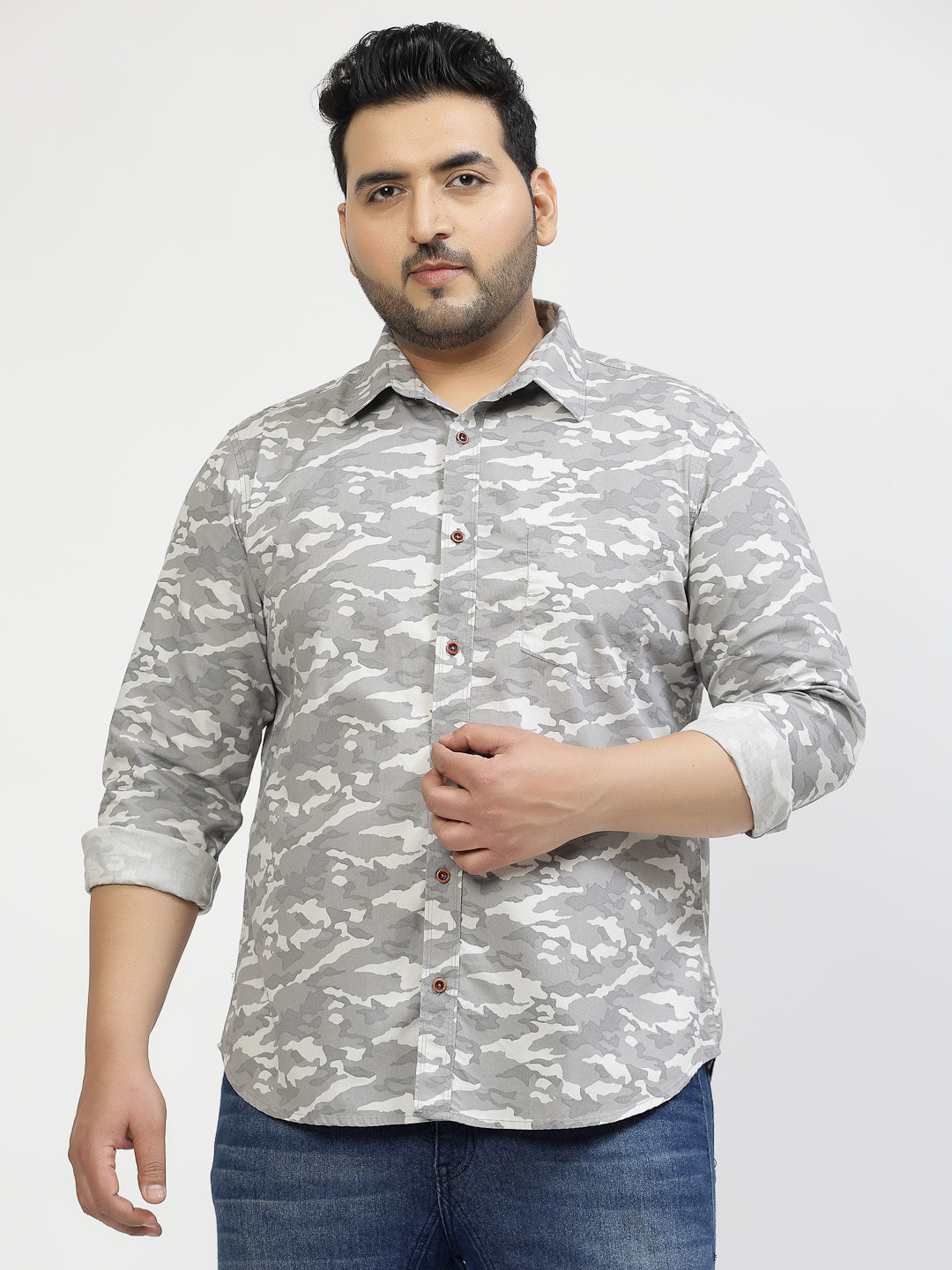 Plus Size Camouflage Printed Spread Collar Cotton Shirt