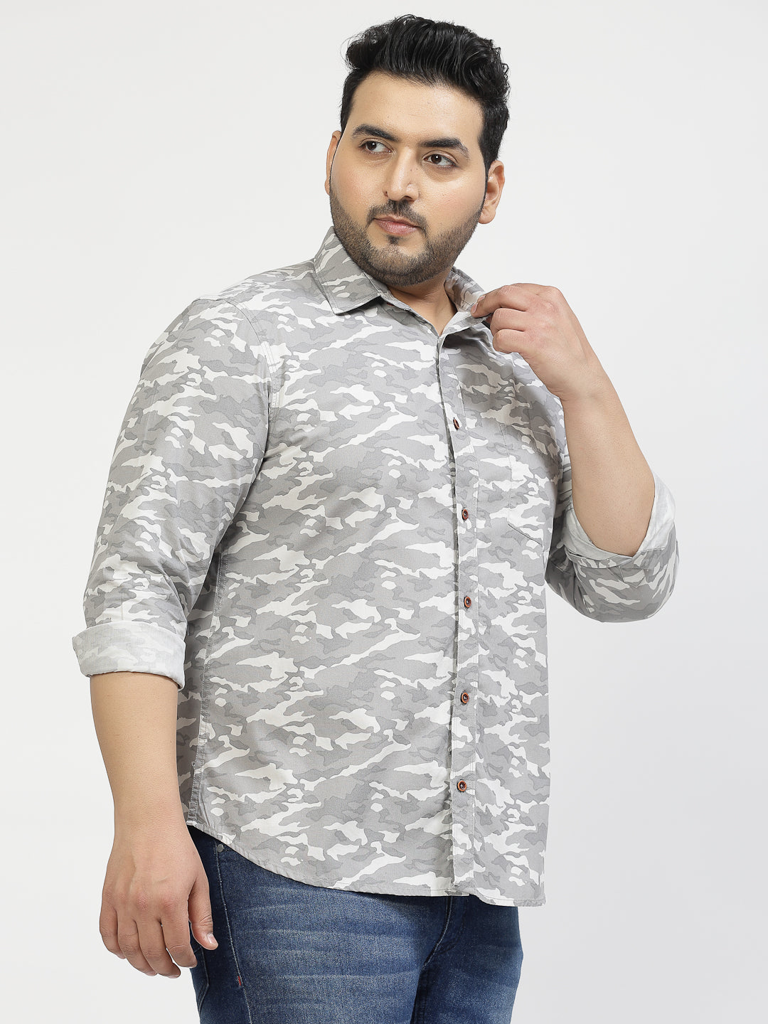 Plus Size Camouflage Printed Spread Collar Cotton Shirt