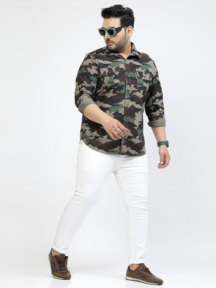 Camouflage Printed Spread Collar Long Sleeves Cotton Casual Shirt