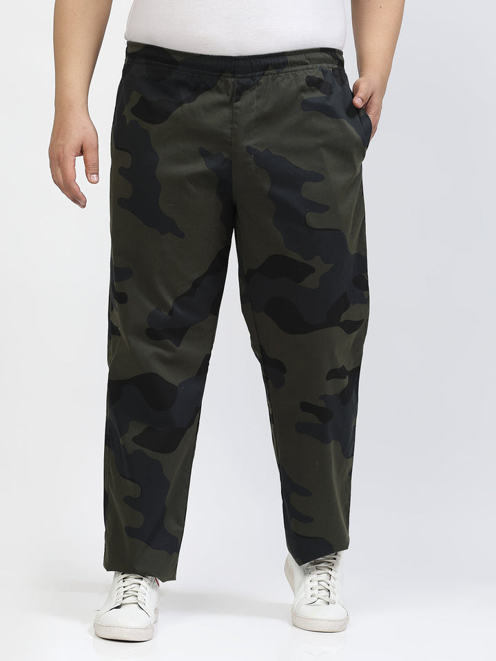 Men Olive Green Camouflage Printed Mid-Rise Track Pant