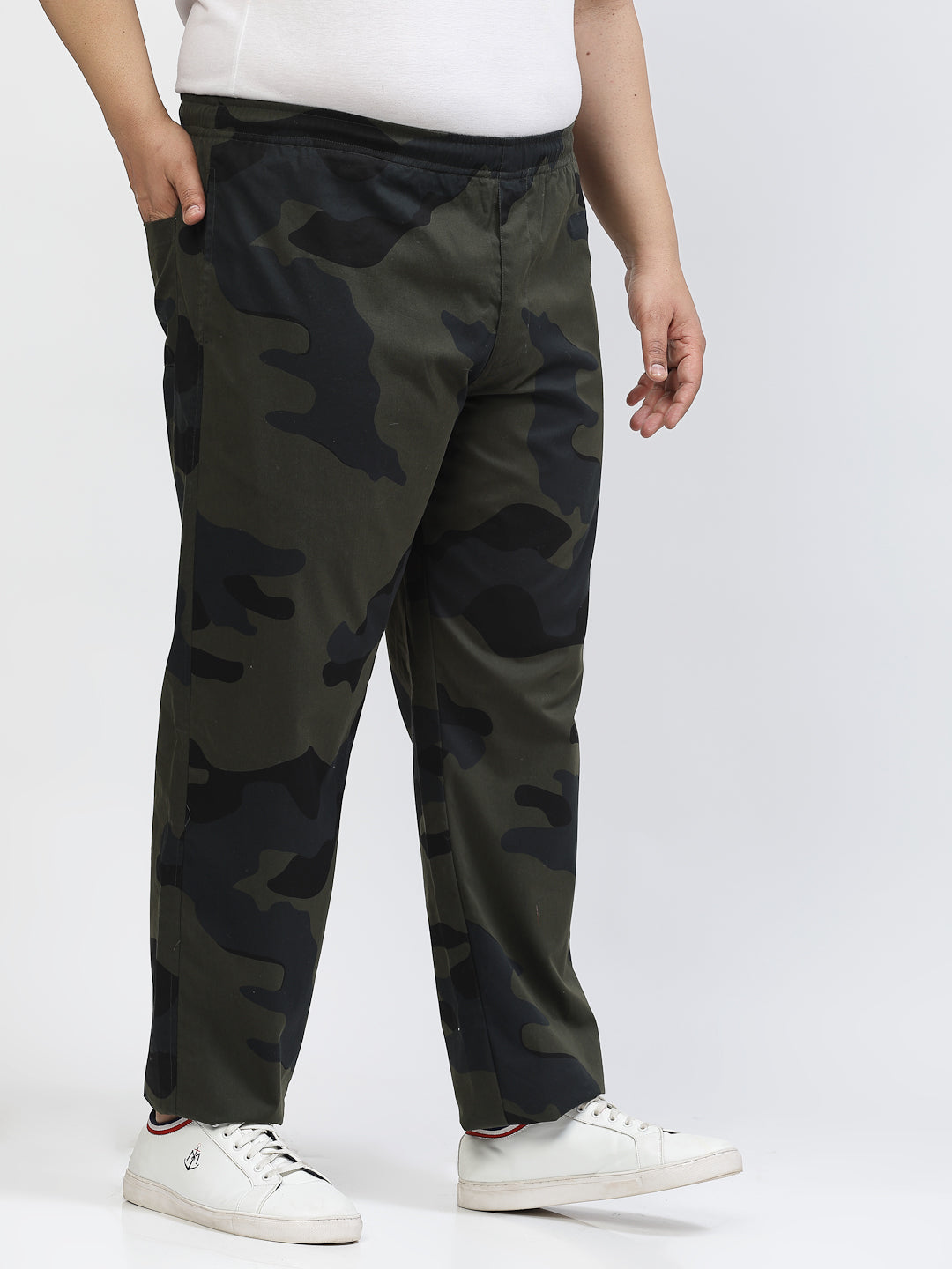 Men Olive Green Camouflage Printed Mid-Rise Track Pant