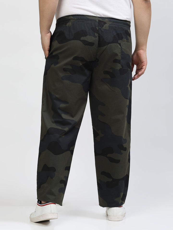 Men Olive Green Camouflage Printed Mid-Rise Track Pant