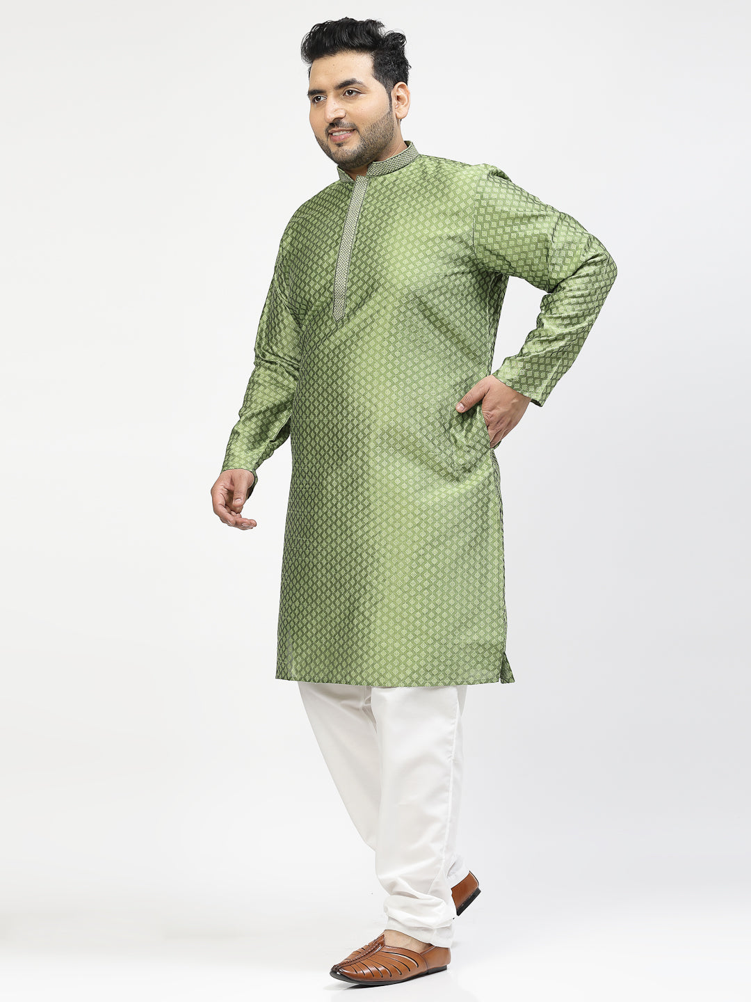 Floral Woven Design Mandarin Collar Kurta with Churidar