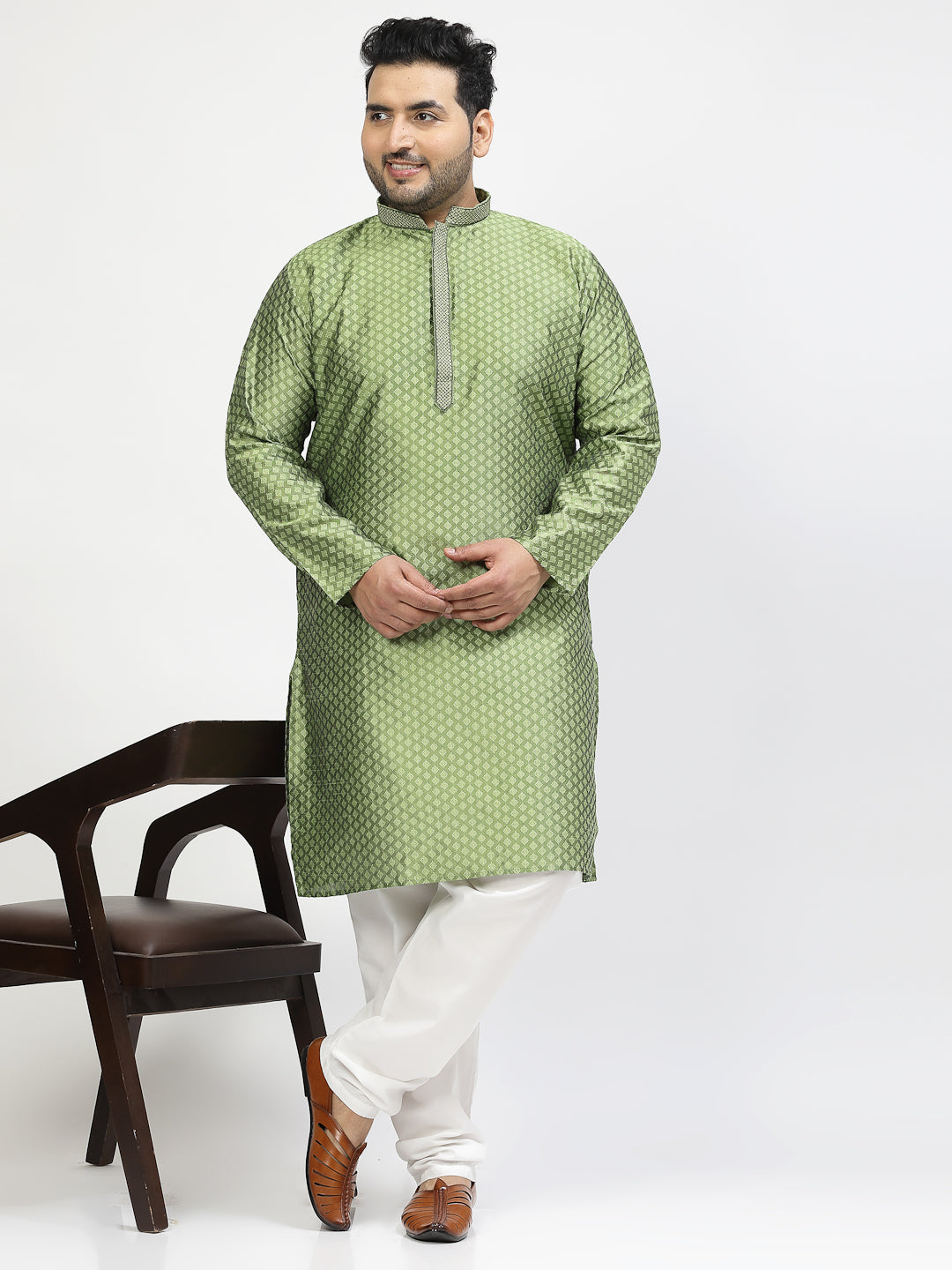 Floral Woven Design Mandarin Collar Kurta with Churidar