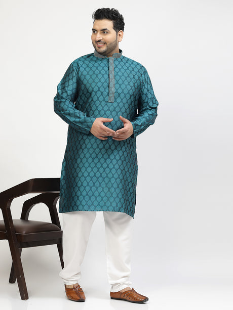 Men Blue & Off-White Woven Design Kurta with Pyjama