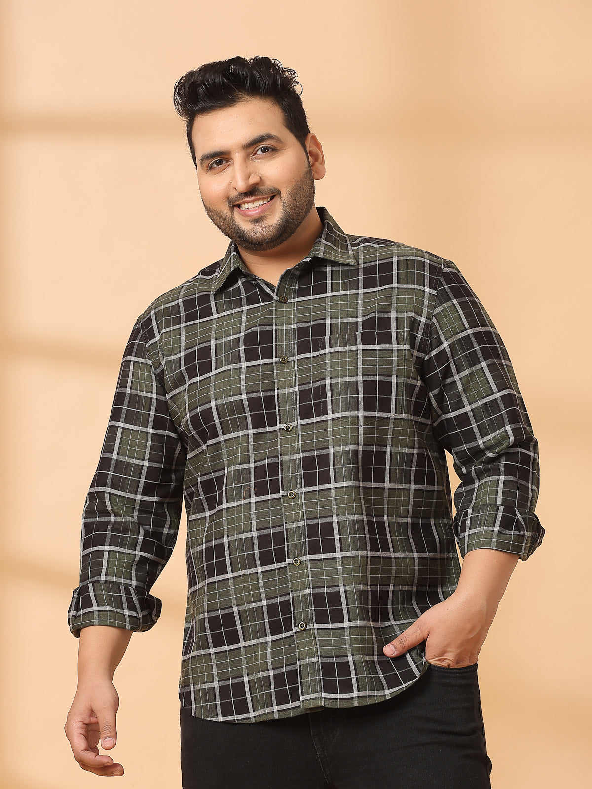 Men Spread Collar Tartan Checked Cotton Casual Shirt