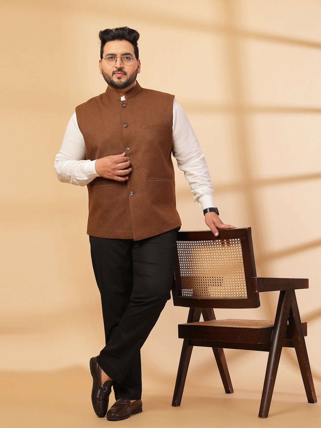 Mandarin Collar Solid Woven Nehru Jacket