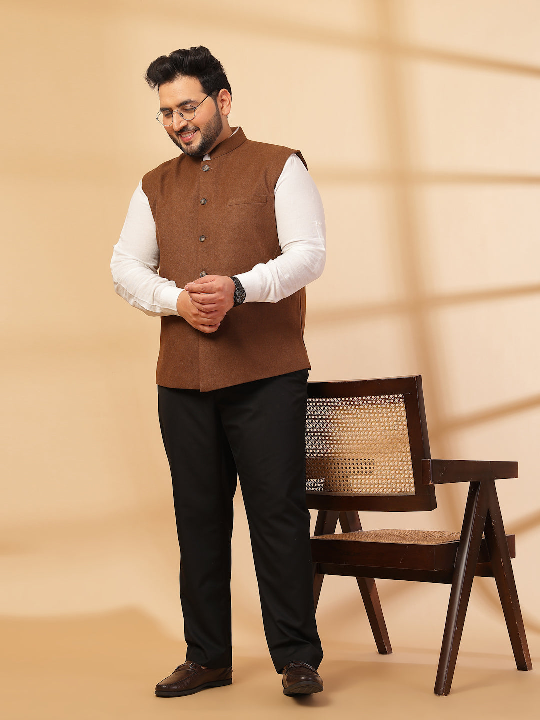 Mandarin Collar Solid Woven Nehru Jacket