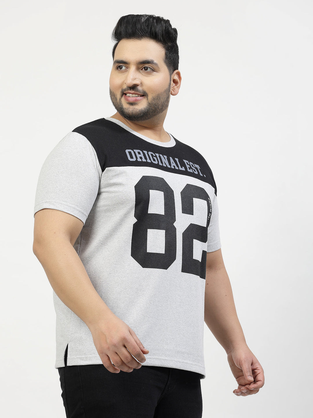 Plus Size Varsity Printed Round Neck Short Sleeves Cotton T-shirt