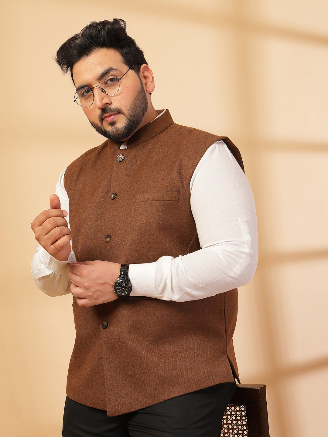 Mandarin Collar Solid Woven Nehru Jacket