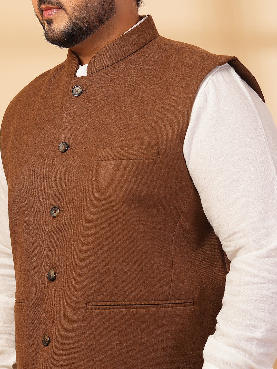 Mandarin Collar Solid Woven Nehru Jacket