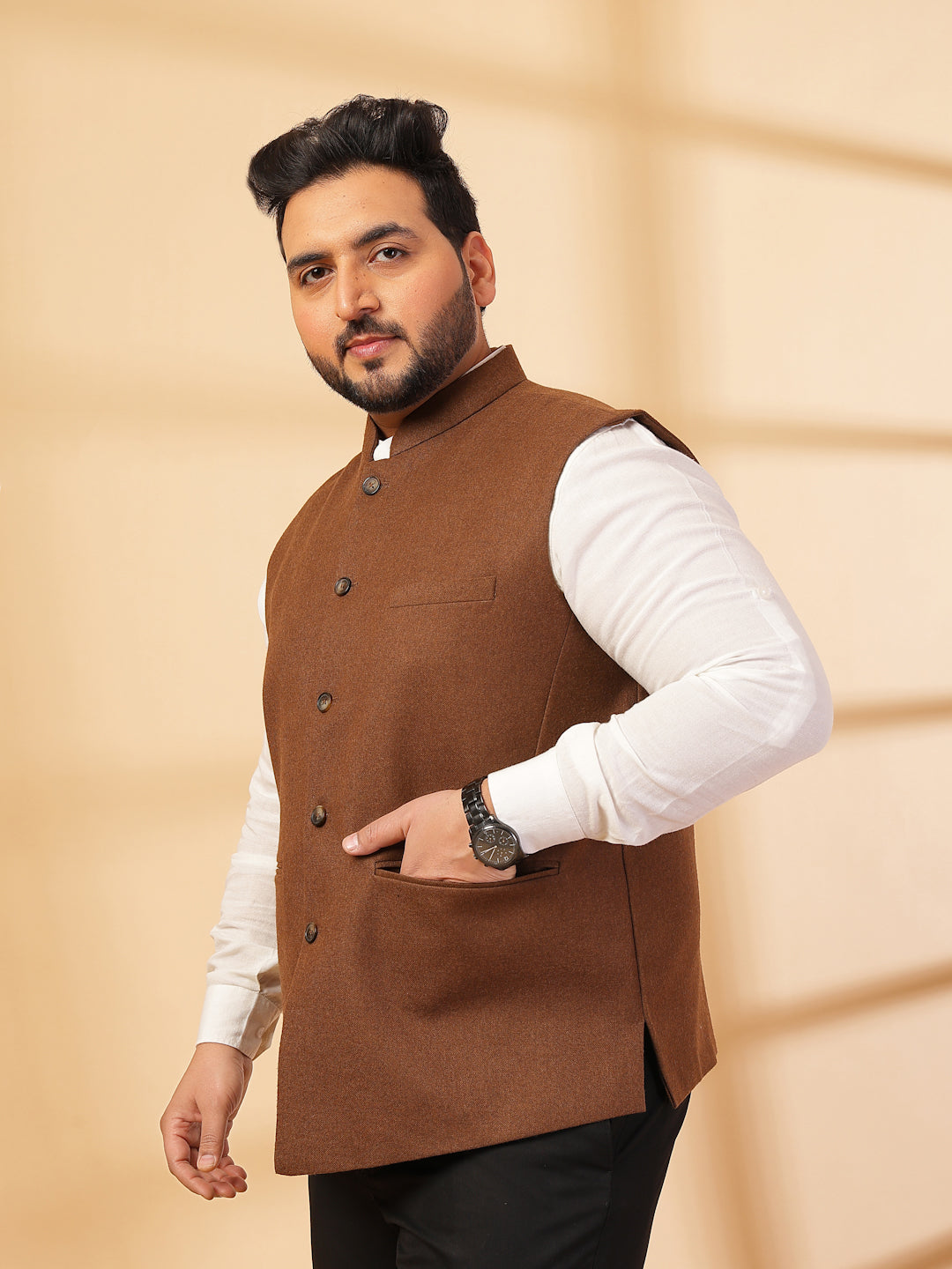 Mandarin Collar Solid Woven Nehru Jacket