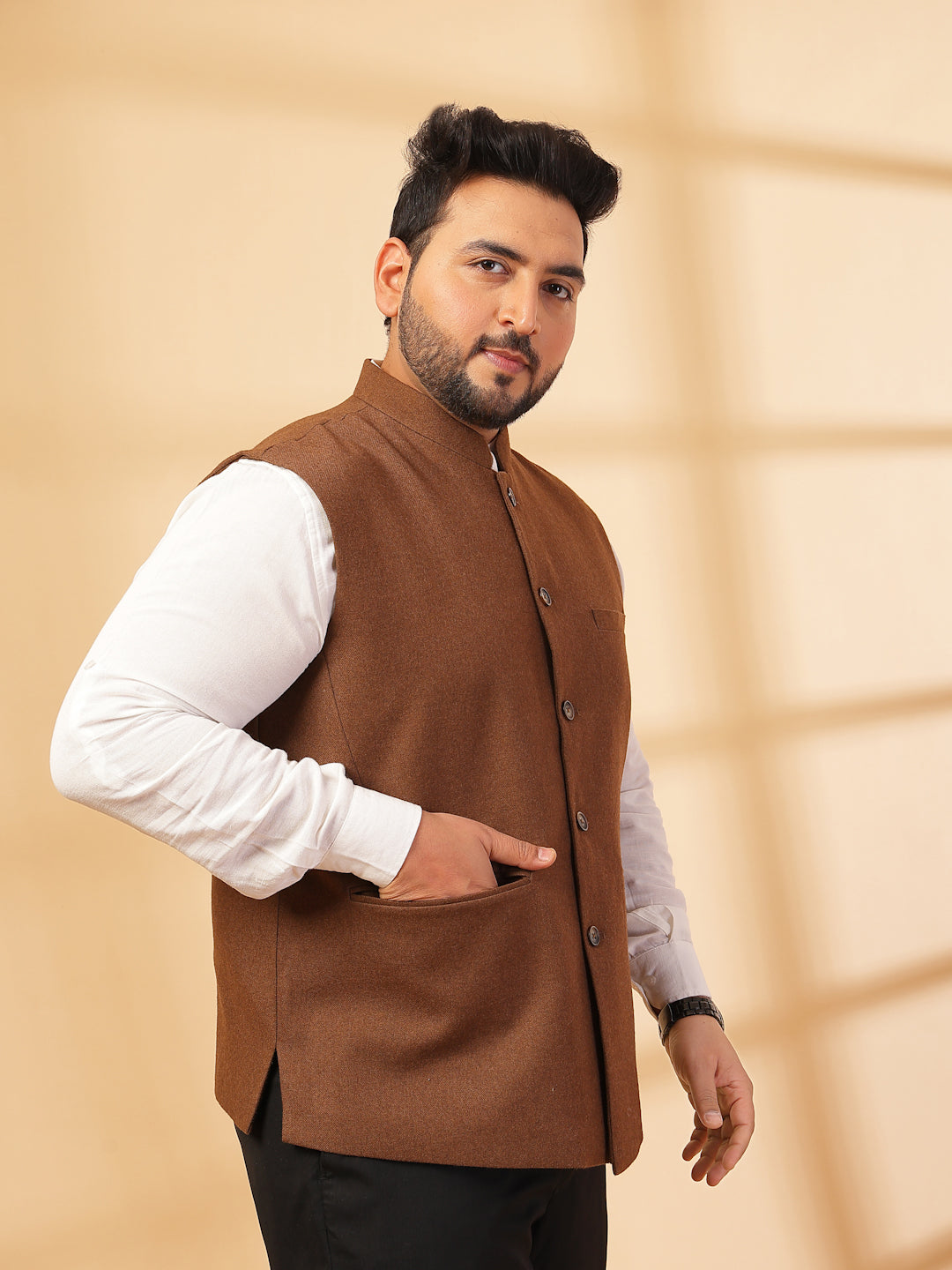 Mandarin Collar Solid Woven Nehru Jacket