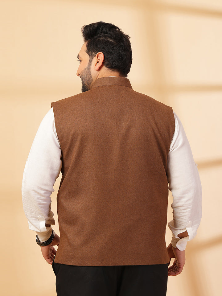 Mandarin Collar Solid Woven Nehru Jacket