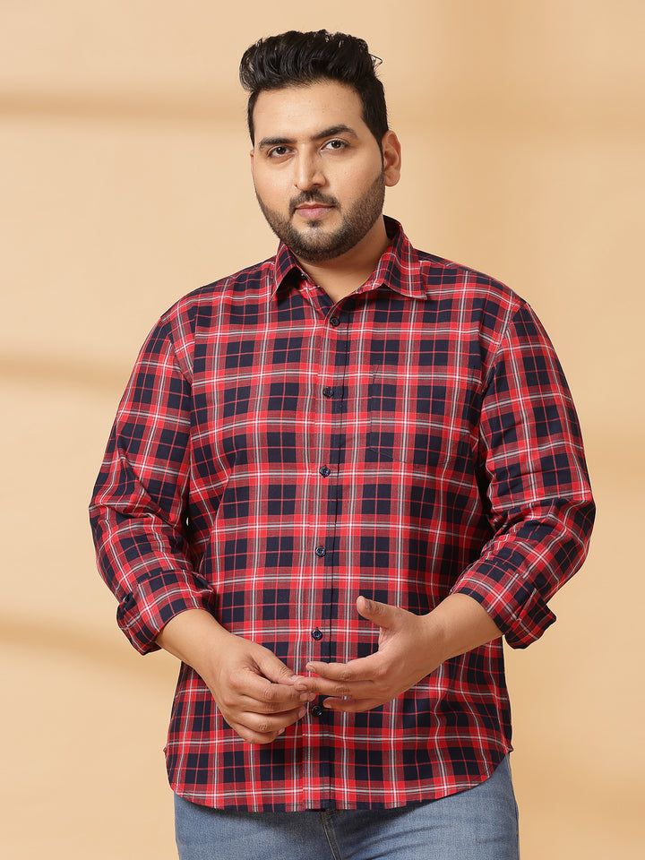 Men Plus Size Spread Collar Tartan Checked Cotton Casual Shirt