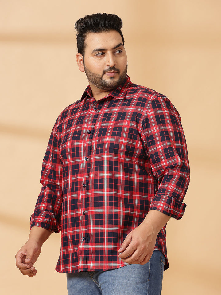 Men Plus Size Spread Collar Tartan Checked Cotton Casual Shirt