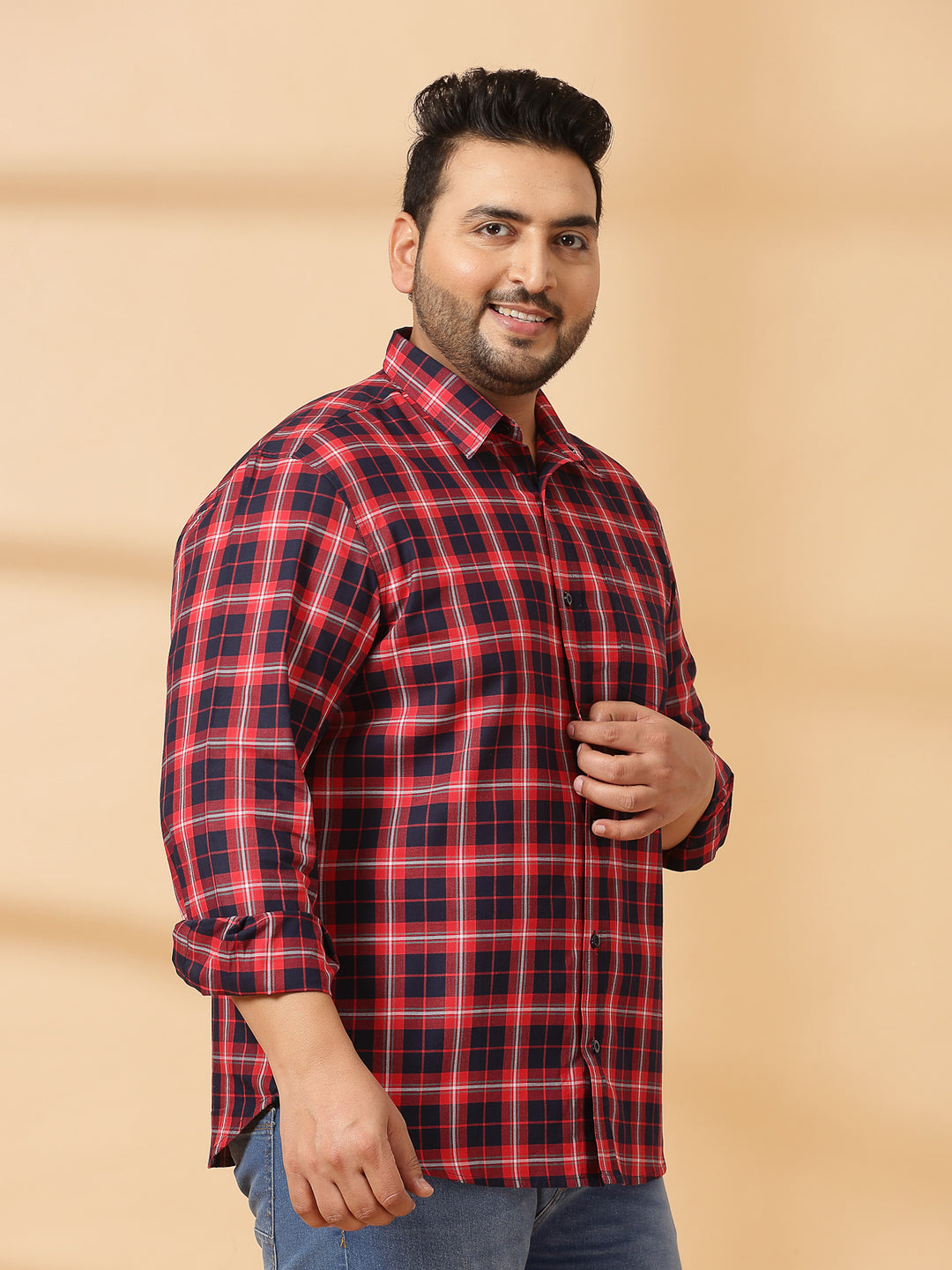 Men Plus Size Spread Collar Tartan Checked Cotton Casual Shirt