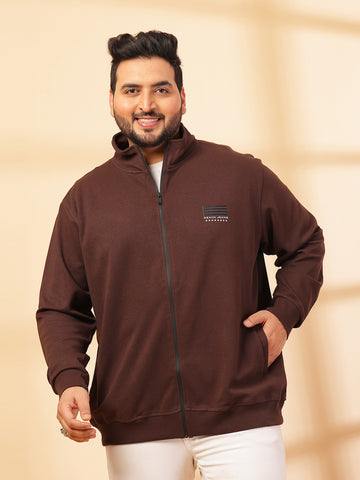 Plus Size Men Solid High Neck Cotton Front-Open Sweatshirt