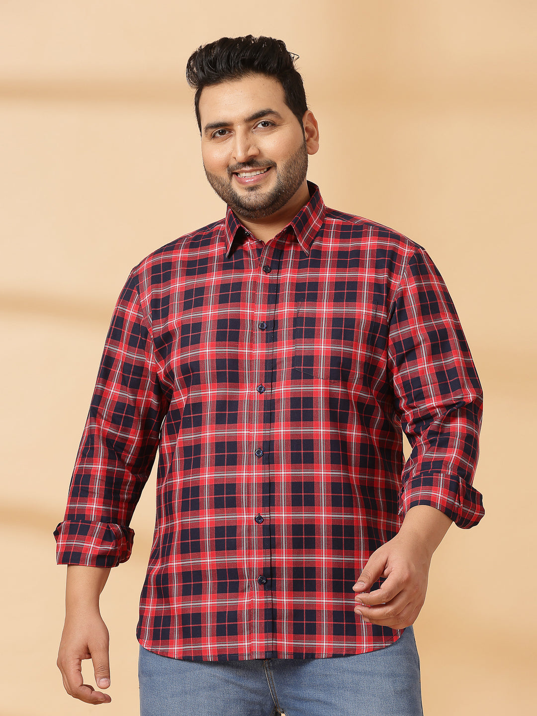 Men Plus Size Spread Collar Tartan Checked Cotton Casual Shirt