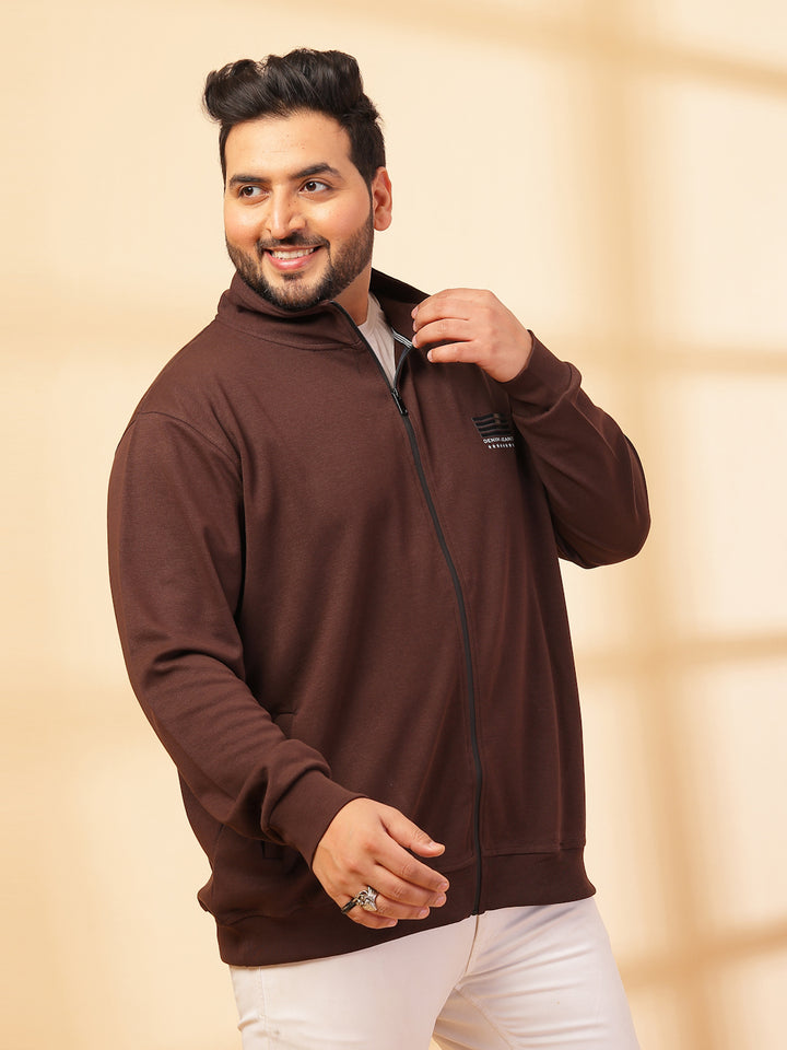 Men Solid High Neck Cotton Front-Open Sweatshirt