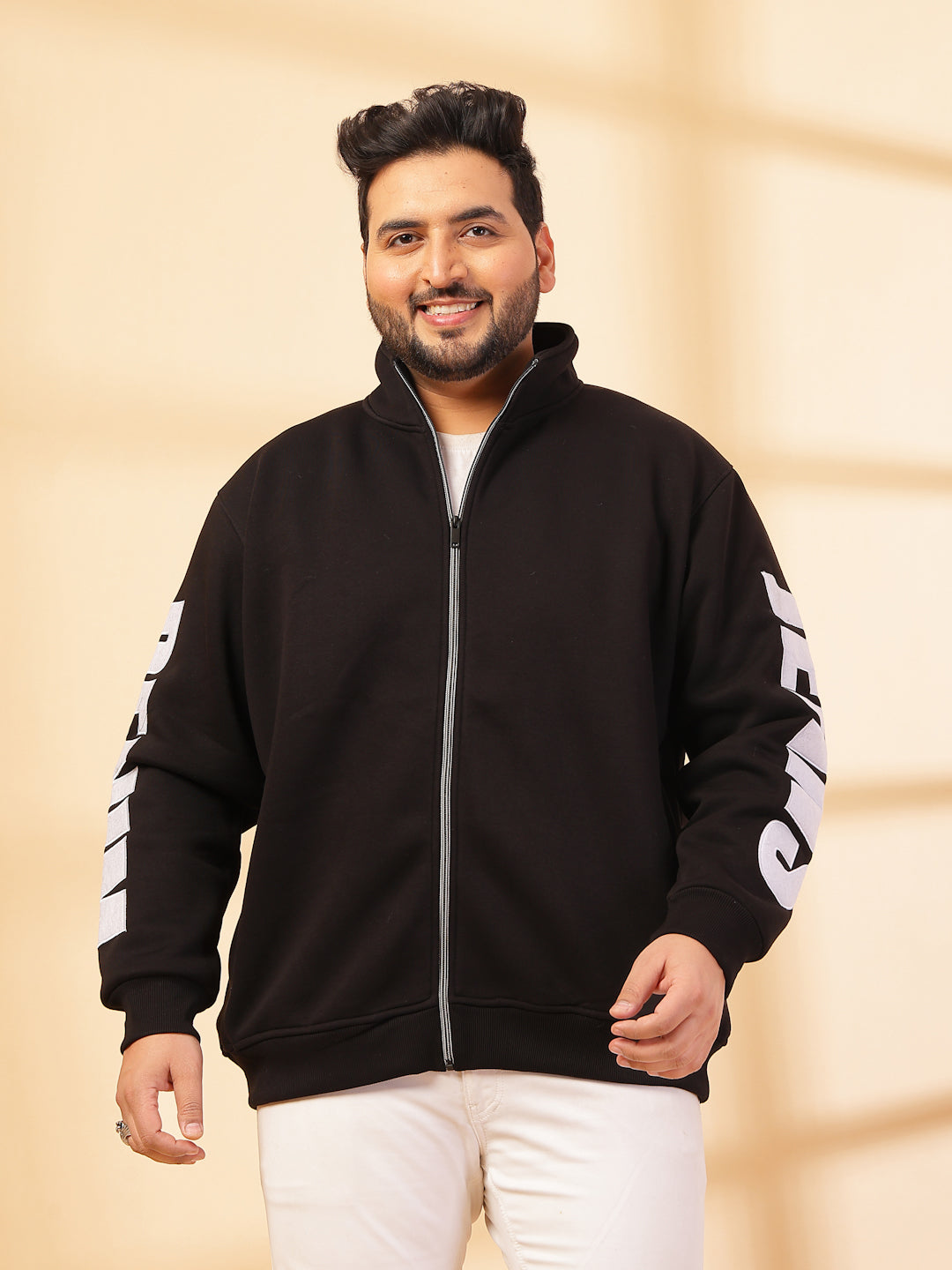 Plus Size Men Solid High Neck Cotton Front-Open Sweatshirt