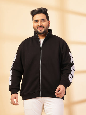 Plus Size Men Solid High Neck Cotton Front-Open Sweatshirt